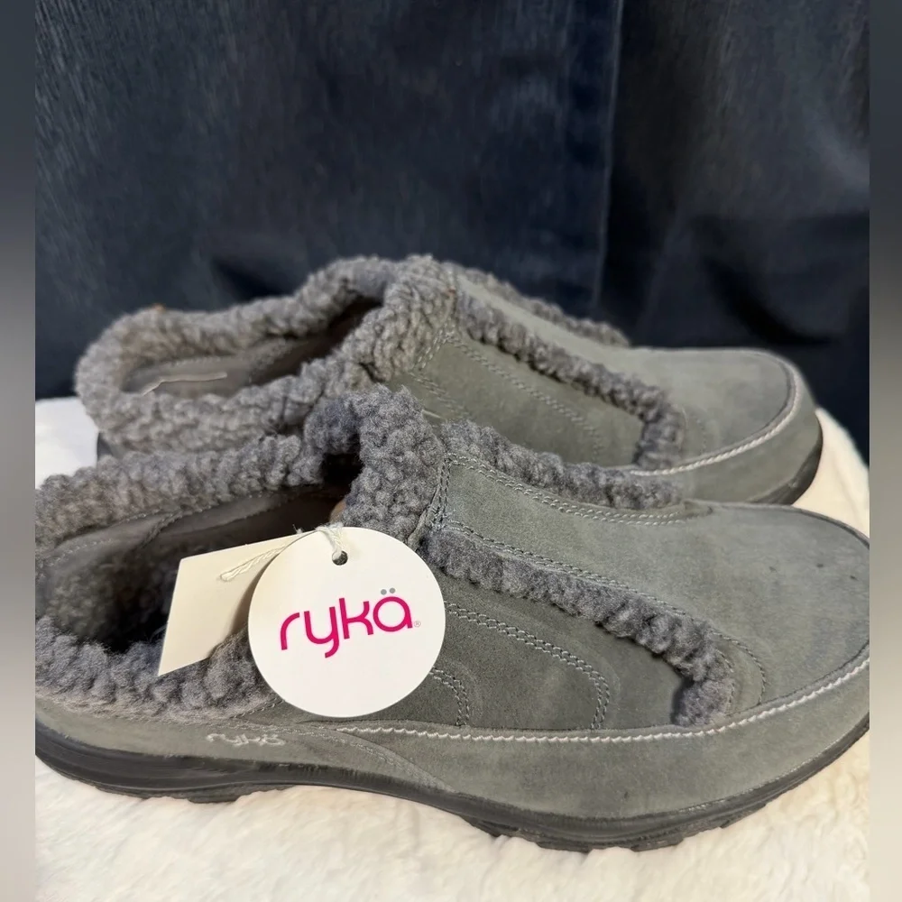 Ryka Arctica Women’s 10W Gray Suede Slip-On Winter Mules Faux Fur Lined